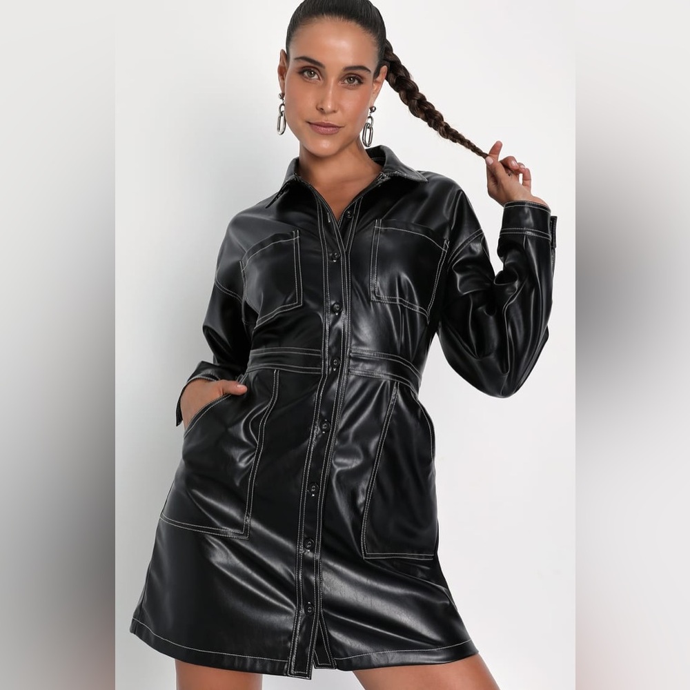 Lulus Alluring Reputation Black Vegan Leather Button-Up Mini Dress